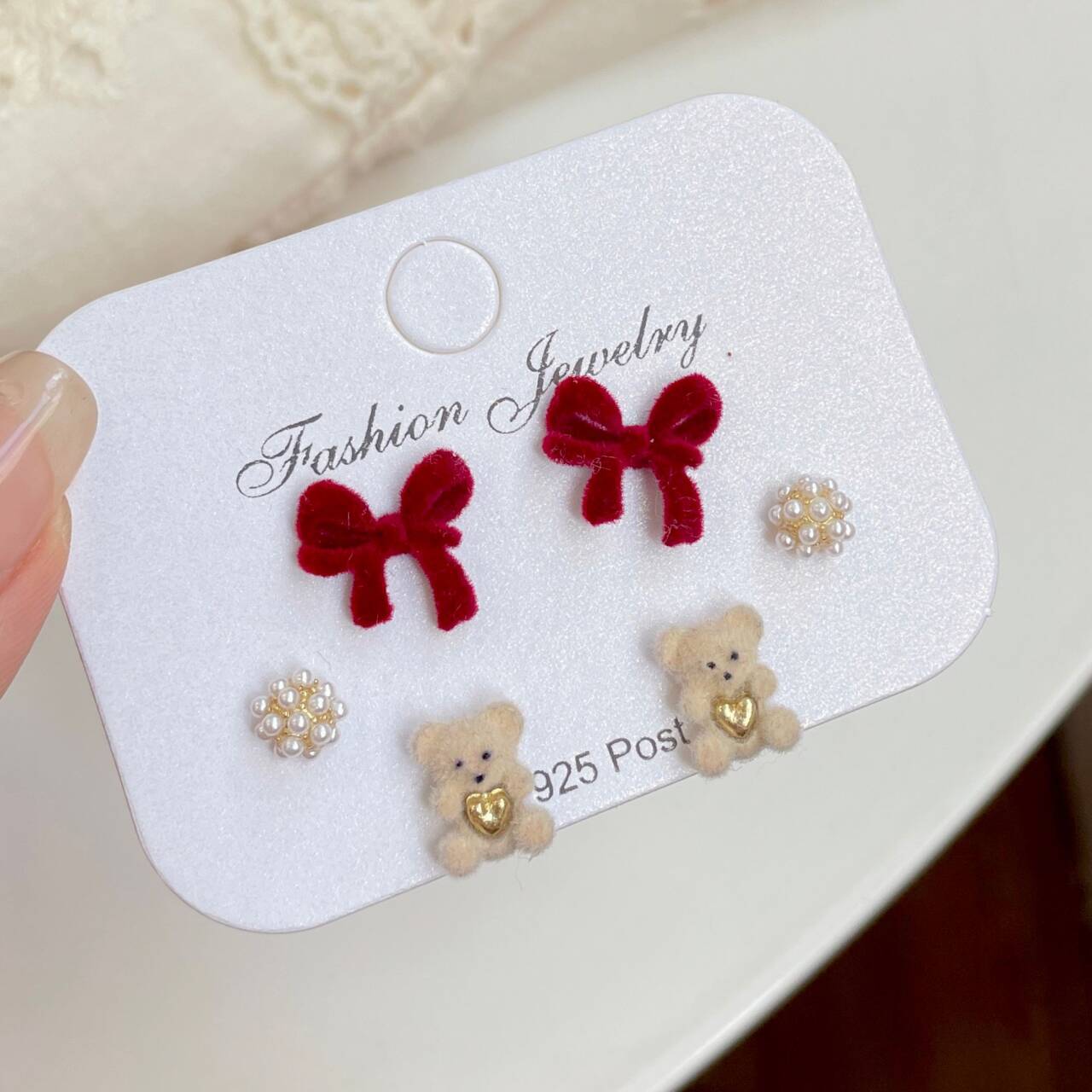 Red Flocking Cute Bear Ear Suit Earrings