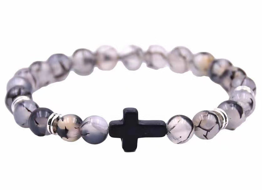 Black Stone Cross Stretch Volcanic Rock Bracelets