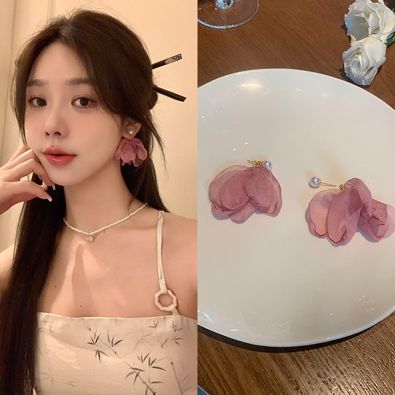 Summer Seaside Flower Chiffon Pearl High-grade Vacation Style Sier Earrings