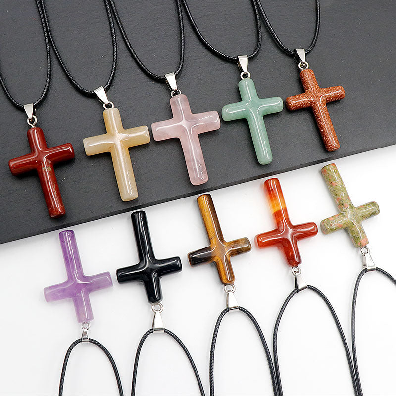 Stone Pink Crystal Christmas Gift Cross Sweater Chain Pendants