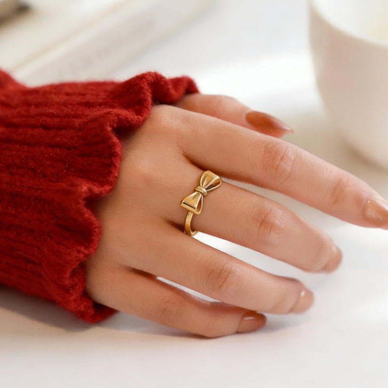 Simple Titanium Steel Bow Female Design Cute Girlfriends Gold Rings