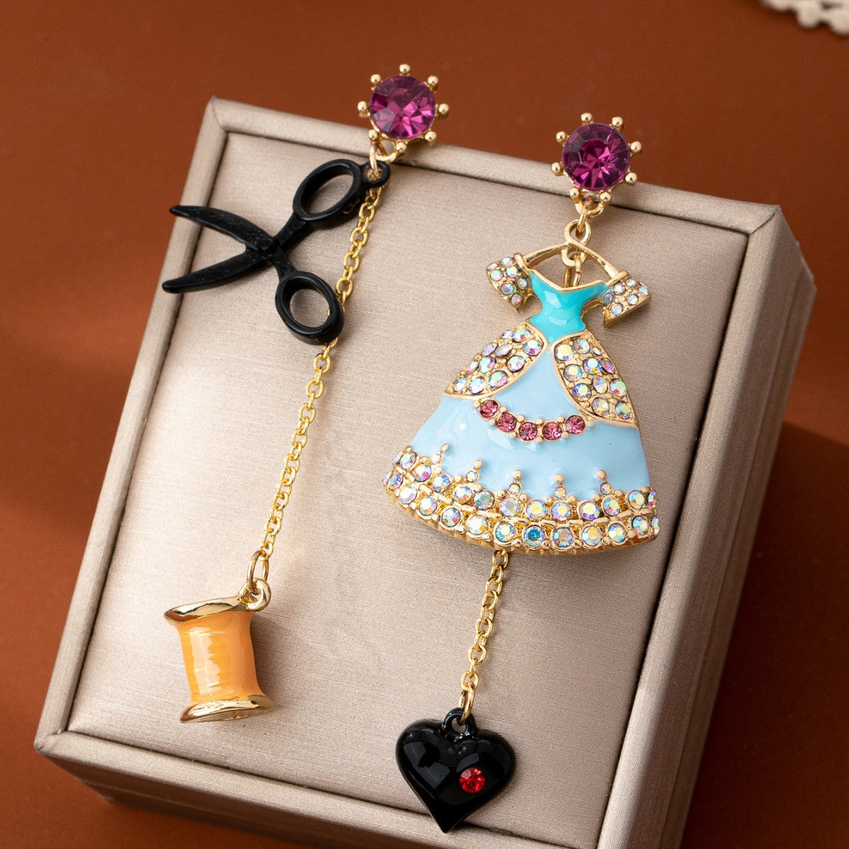 Fairy Tale Style Asymmetric Princess Dress Scissors Spool Black Peach Earrings