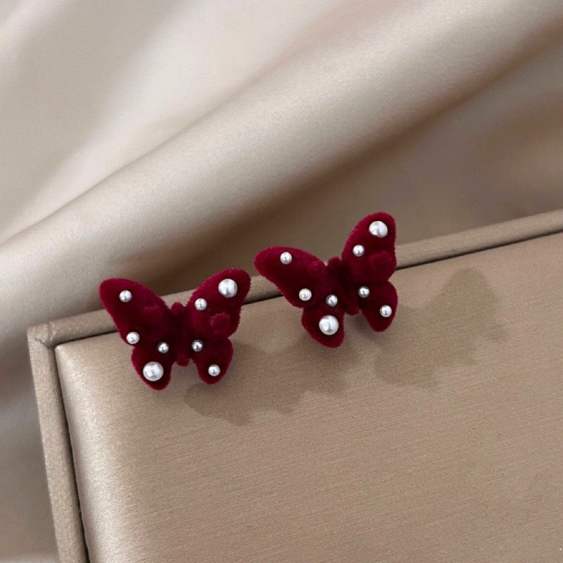 Women's Wine Red Flocking Bow French Retro Earrings