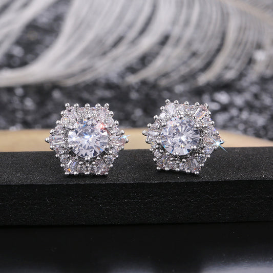 Women's Crystal White Zircon Hexagonal Retro Double Stud Earrings