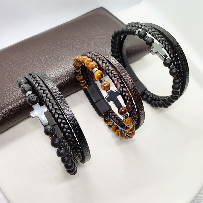 Cross Hematite Personalized Fashion Woven Leather Tigereye Frosted Bracelets