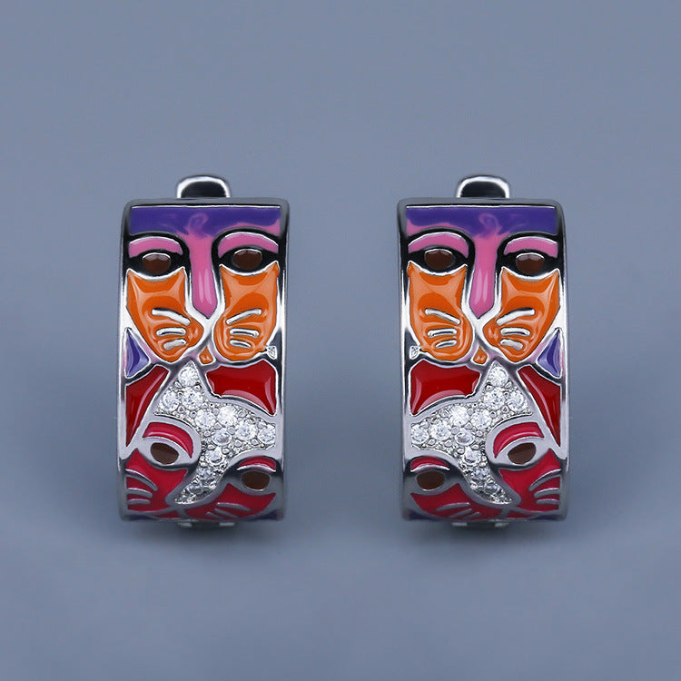 Women's Colorful Cartoon Cat Face Unique Handmade Doodle Stud Earrings