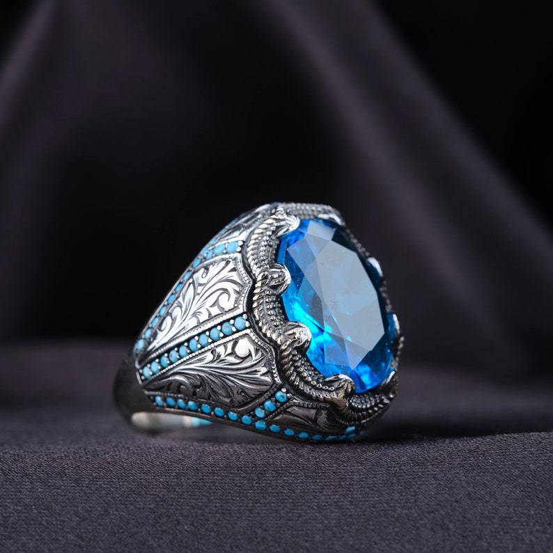 Artisan Grandmother Blue Zircon Retro Man's Ring