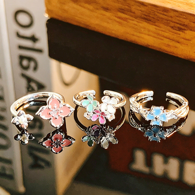 Cherry Blossoms Colorful Enamel Open Gentle Sweet Niche Flower Rings