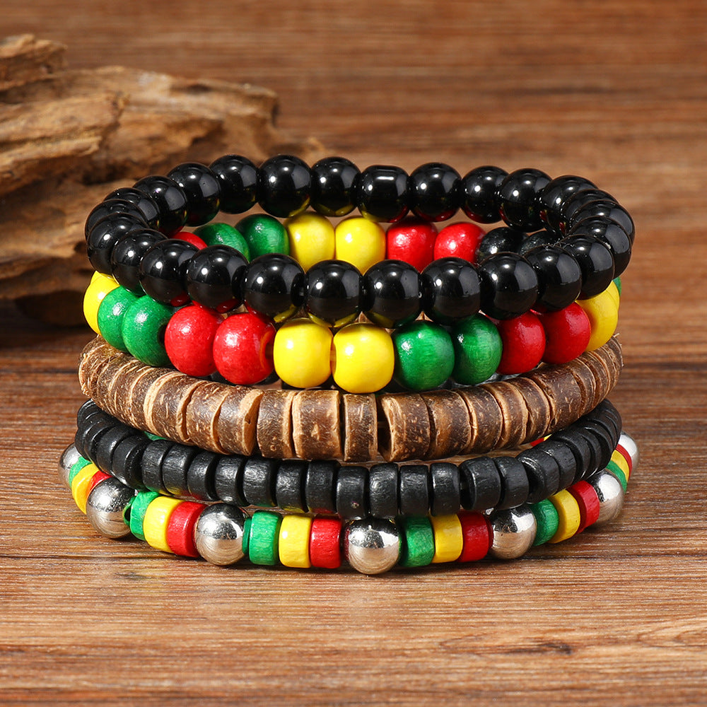 Yellow Green Classic Color Matching Wooden Bead Coconut Shell Elastic Bracelet