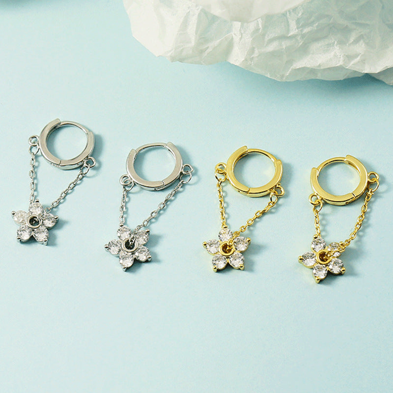 Sweet Flower Zircon High-grade Tassel Hook Eardrops Ear Buckle
