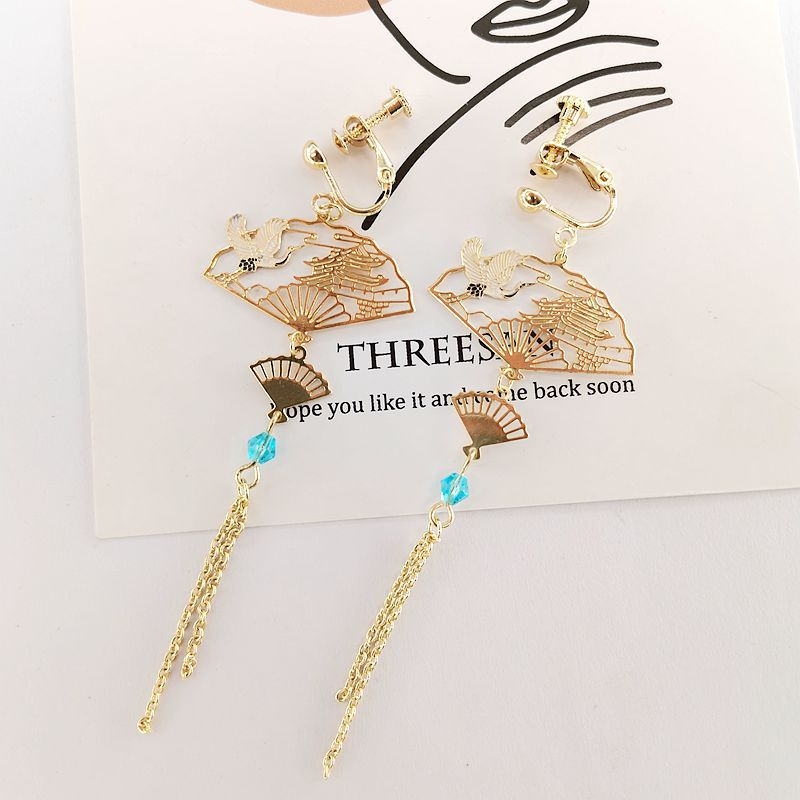 Women's Chinese Style Lucky Long Fringe Fashion Geometry Pattern Fan-shaped Ear Earrings