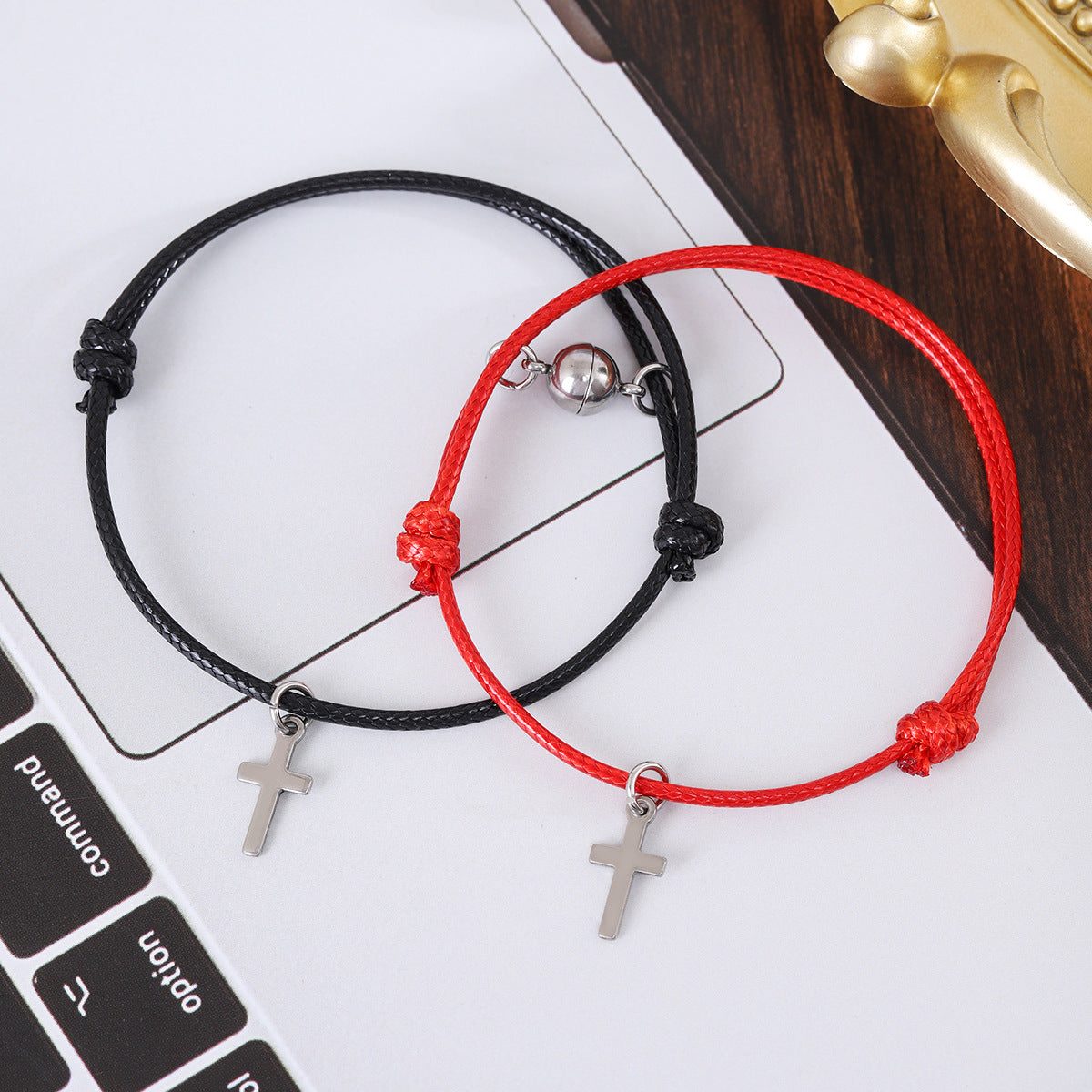 Women's & Men's Cross Shelf Round Magnet Wax Rope Couple Pair Bracelets