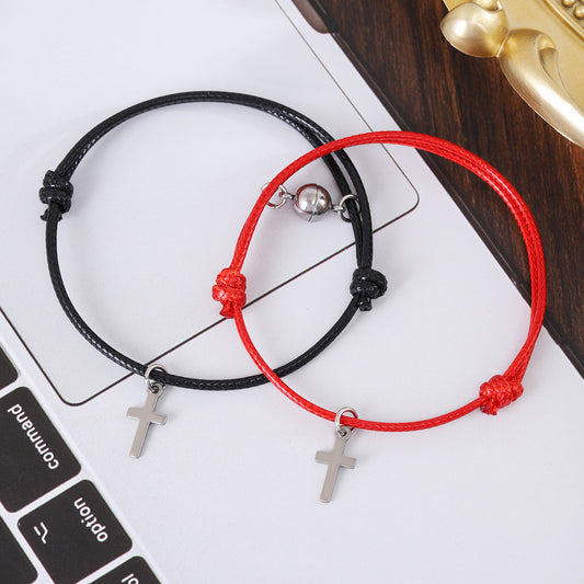 Women's & Men's Cross Shelf Round Magnet Wax Rope Couple Pair Bracelets