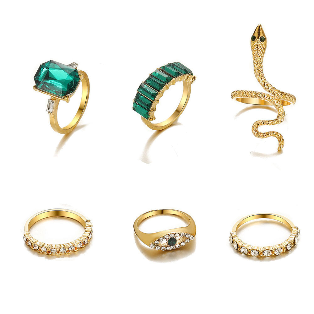 Inlaid Green Rhinestone Retro Snake Alloy Rings