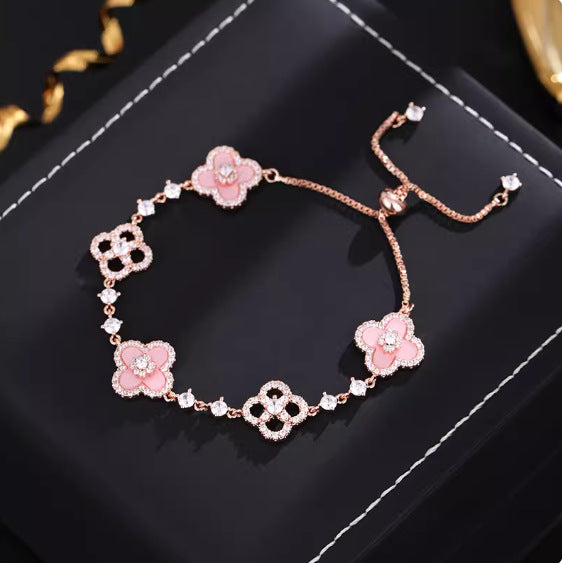 Women's Inlaid Zircon Lucky Four-leaf Flower Pink Imitation Fritillary Sier Light Stud Earrings