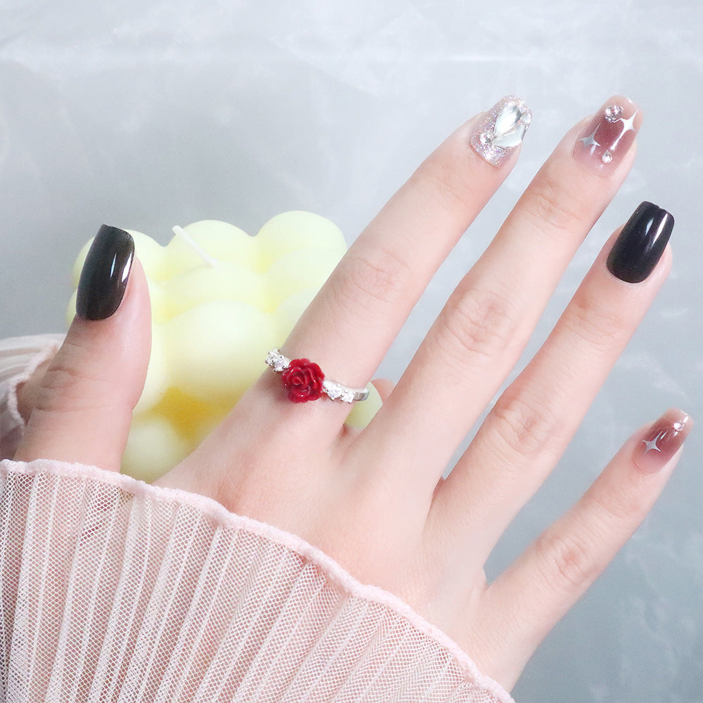 Cinnabar Rose Vintage Camellia Small Flower Index Finger Red Zircon Rings