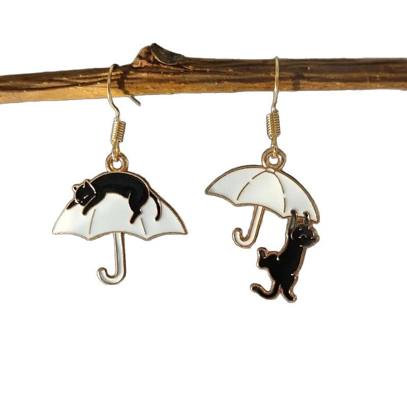 Elegant Cute Black White Cat Ear Umbrella Asymmetric Stud Earrings