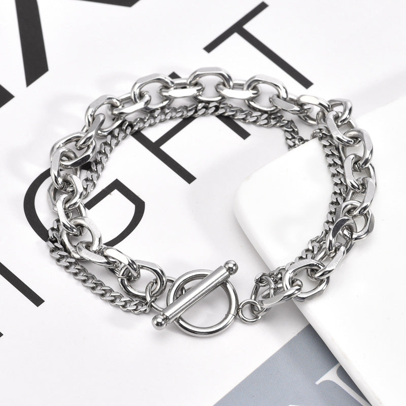 Men's Cold Style Fashion Stainless Steel Buckle Double Layer Hip Hop Bracelet