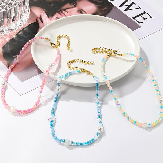 Women's Light Luxury Minority Colorful Beaded Sweet Clavicle Chain Shell Pentagram Necklace