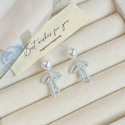 French Sweet Super Flash Zircon Drop Oil Lace Bow Pearl Earrings