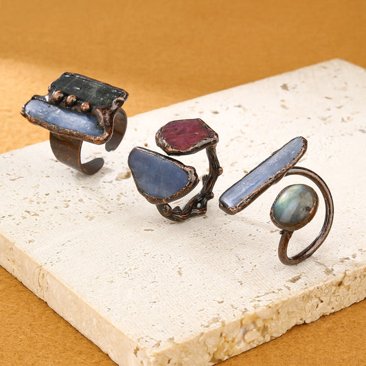 Retro Style Natural Green Crystal Bronze Plated Open Ring