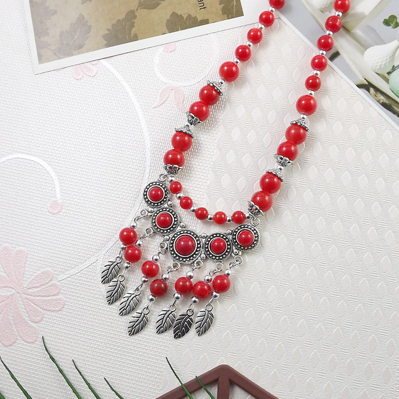 Retro Ethnic Style Crescent Leaf Tassel Forehead Exotic Necklace