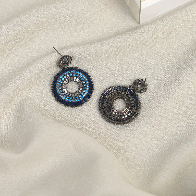 Exaggerated Diamond Round Blue Zircon Personalized Tide Design Sier Stud Earrings