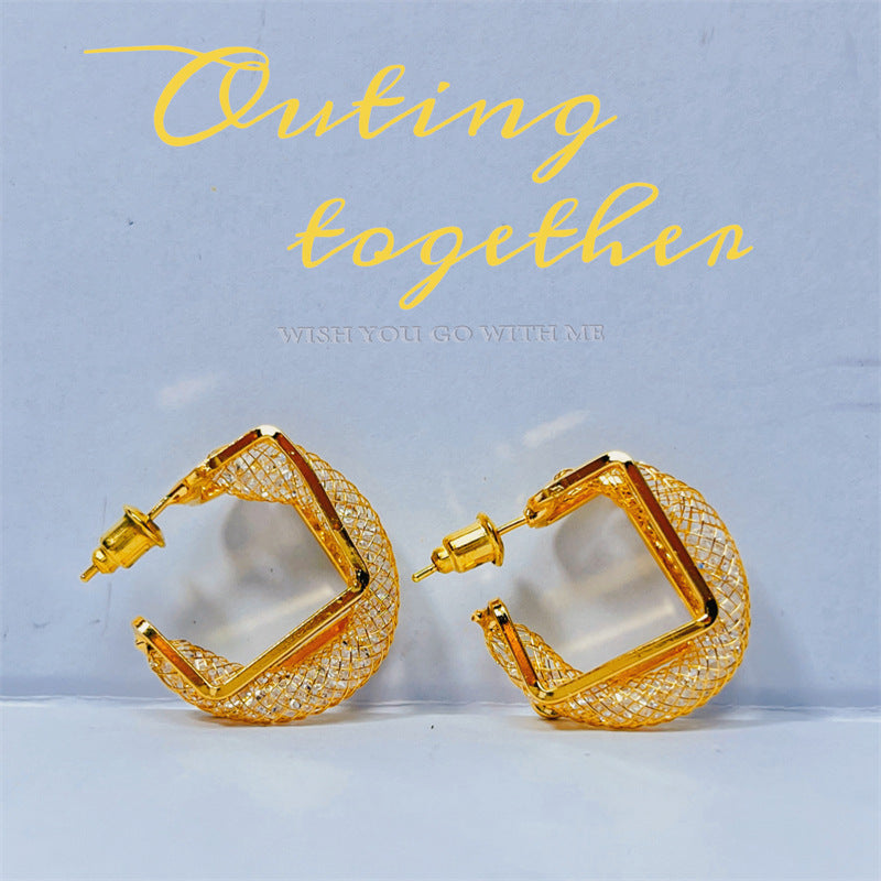 Mesh Design Fashion Hollow Gold Silk Woven Elegant Earrings