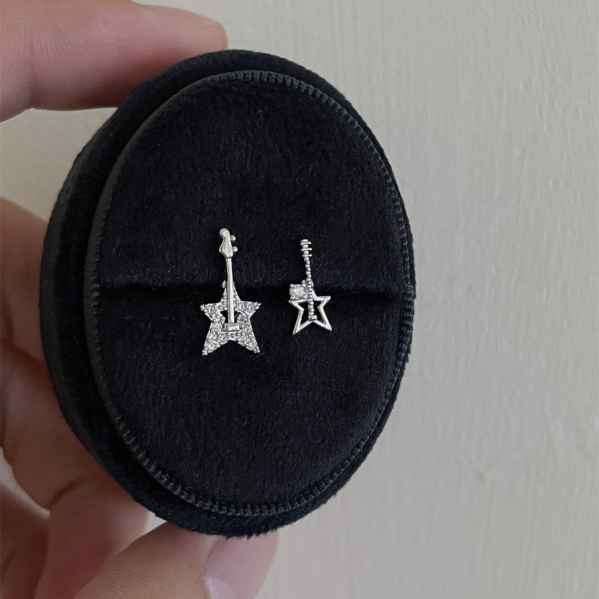 Zircon Titanium Steel Light Luxury Cold Style Personality Asymmetric Guitar Earrings
