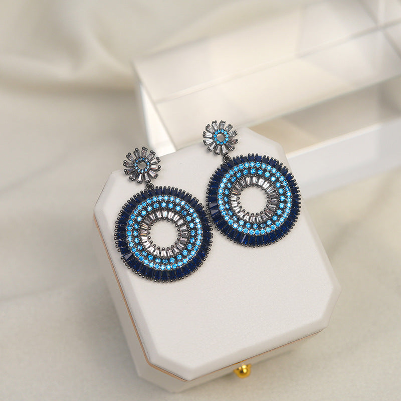 Exaggerated Diamond Round Blue Zircon Personalized Tide Design Sier Stud Earrings