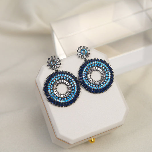 Exaggerated Diamond Round Blue Zircon Personalized Tide Design Sier Stud Earrings
