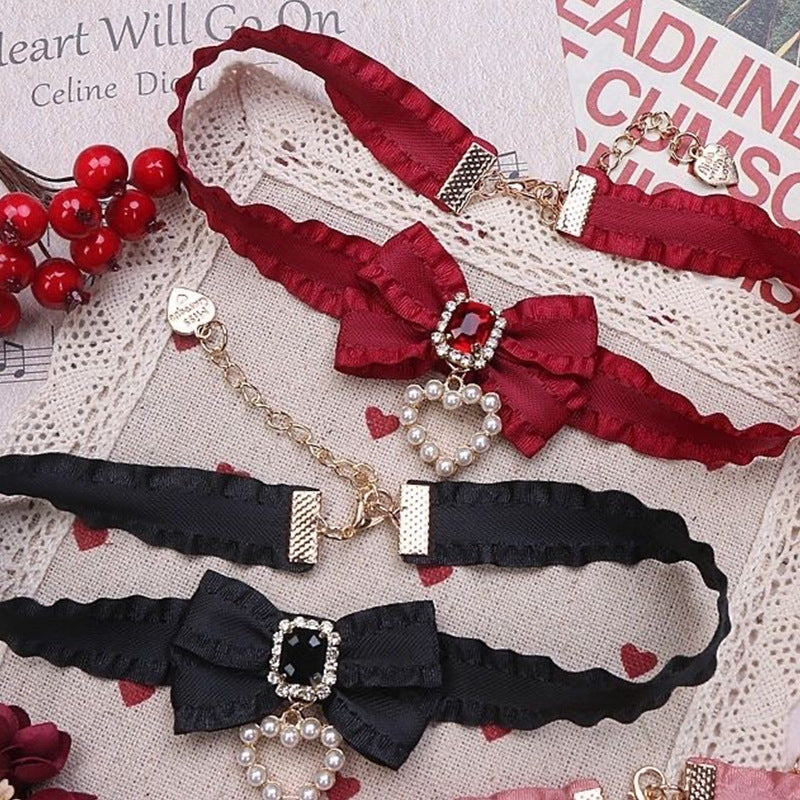Handmade Style Sweet Cute Lady Bow Rhinestone Love Necklace