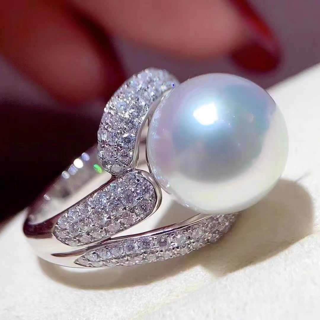 High Carbon Rhinestone Pearl Female Design Light Luxury Open Exquisite Ring