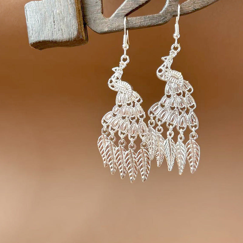 Sier Ethnic Style Peacock Retro Ear Hook Vintage Scenic Spot Earrings
