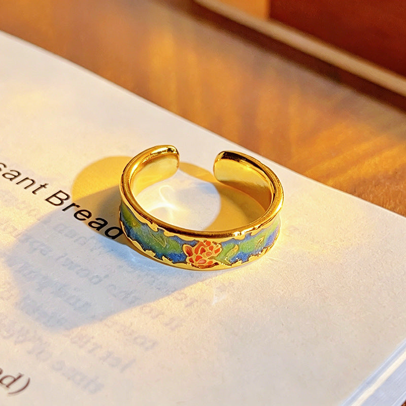 Chinese Style Sealing Enamel Drop Oil Gourd Flower Open National Ring