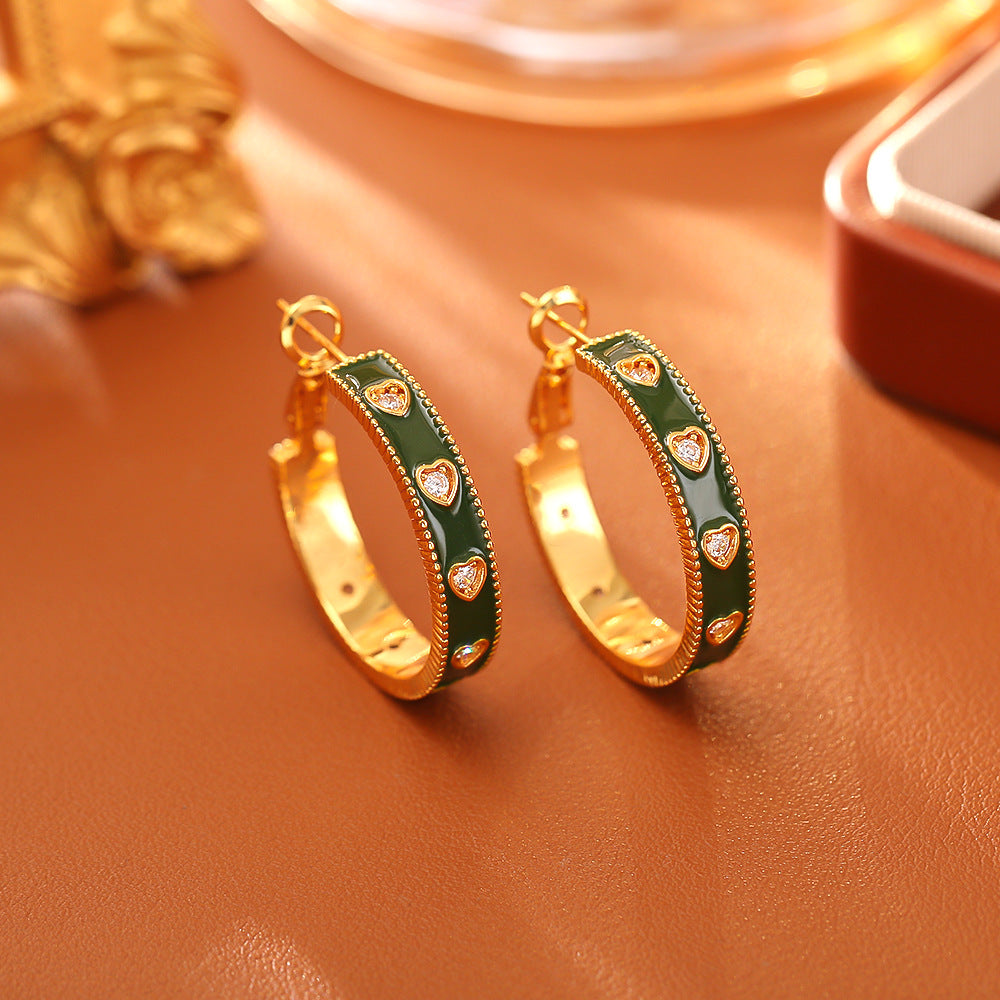 Retro Style Loving Heart Zircon Enamel Fashion Romantic Gentle Earrings