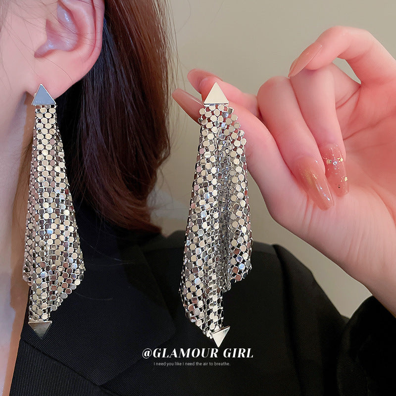 Sier Needle Triangle Sequins Irregular Exaggerated Earrings