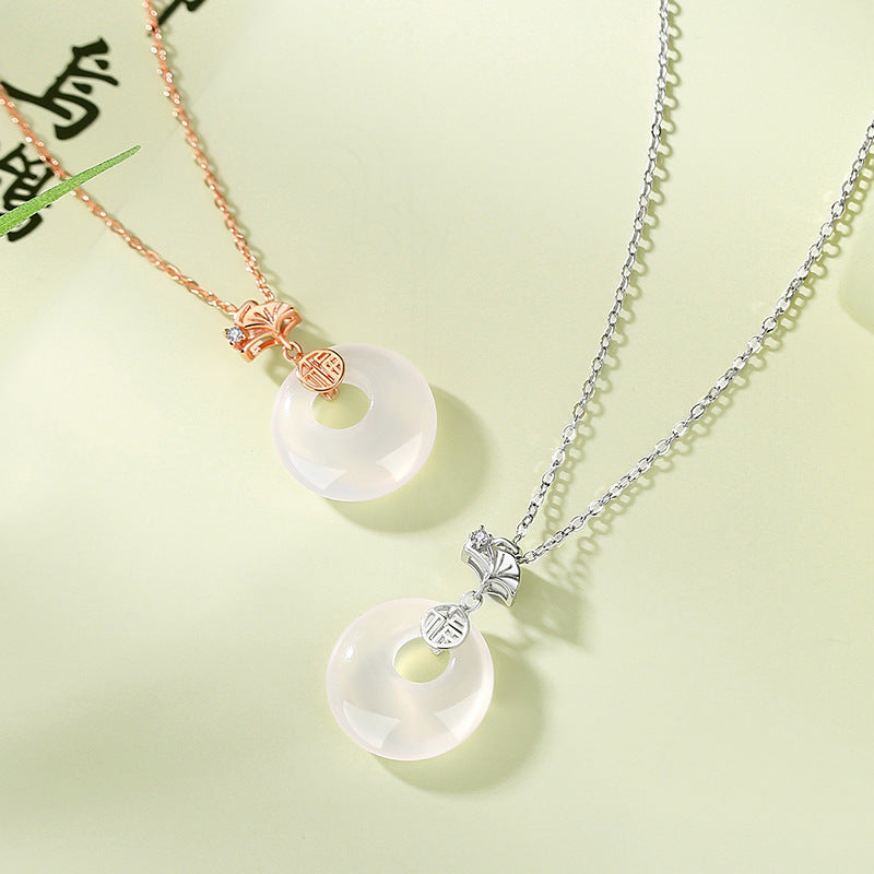 Women's Ginkgo Leaf Peace Buckle Chinese Style Fu Character Imitation Chalcedony Necklace
