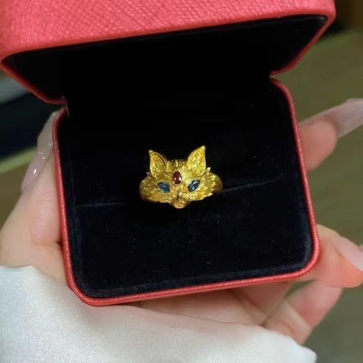 Gold Little Fox Advanced Inlaid Colored Gems Ring