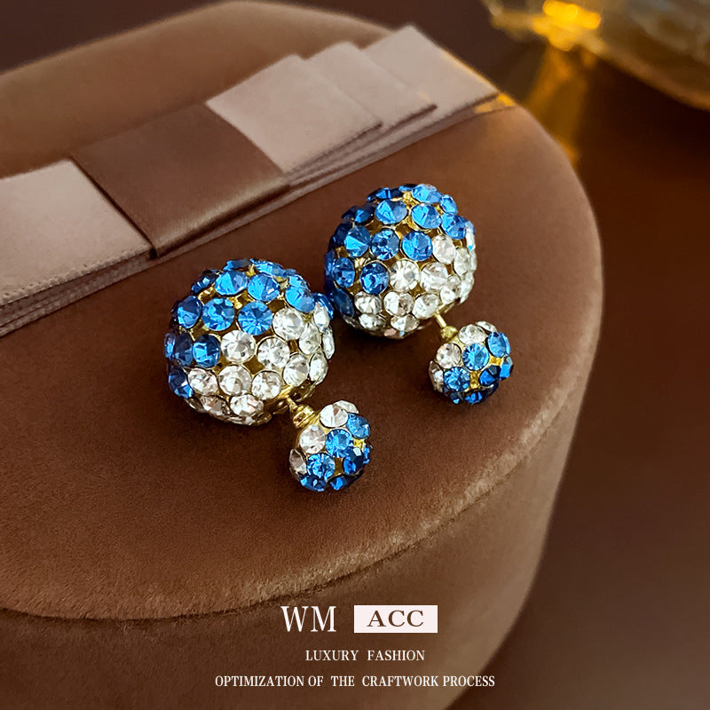 Women's Needle Blue Diamond Round Front Rear Two-way Exquisite Fashion Light Earrings