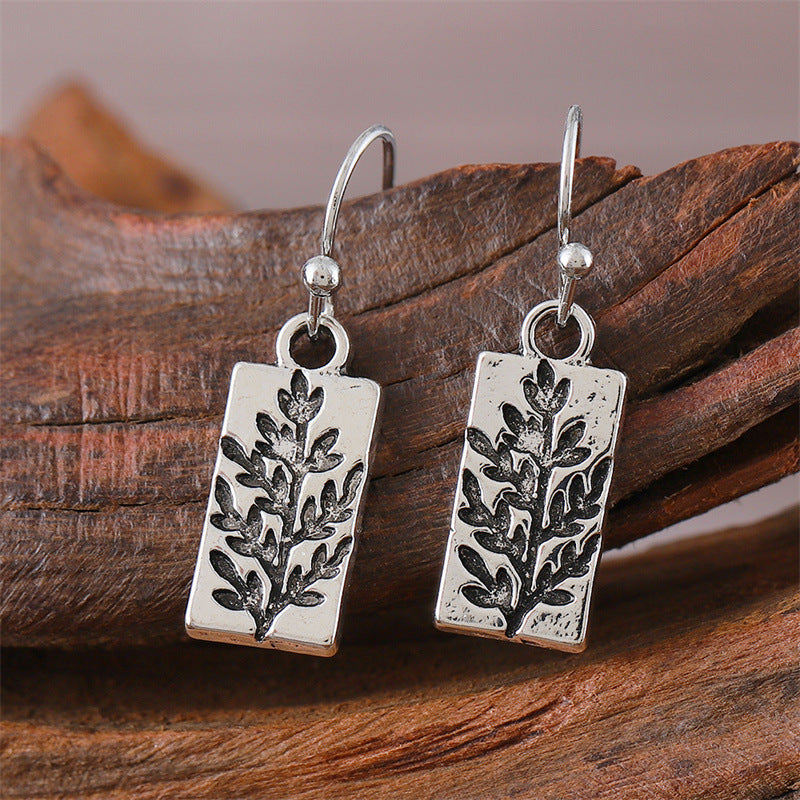 Fashionable Retro Ancient Sier Leaf Square Simple Earrings