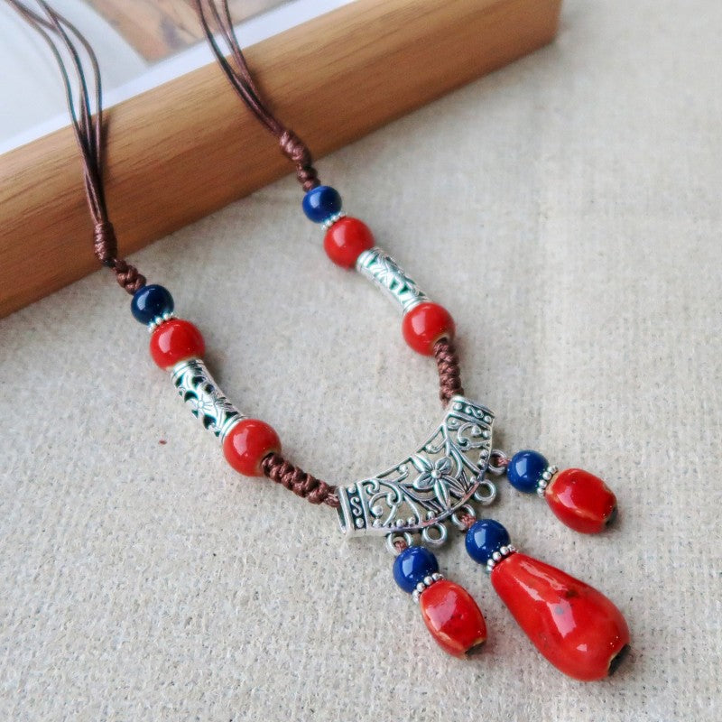 Women's Vintage Ethnic Style Ceramic Long Sweater Necklace