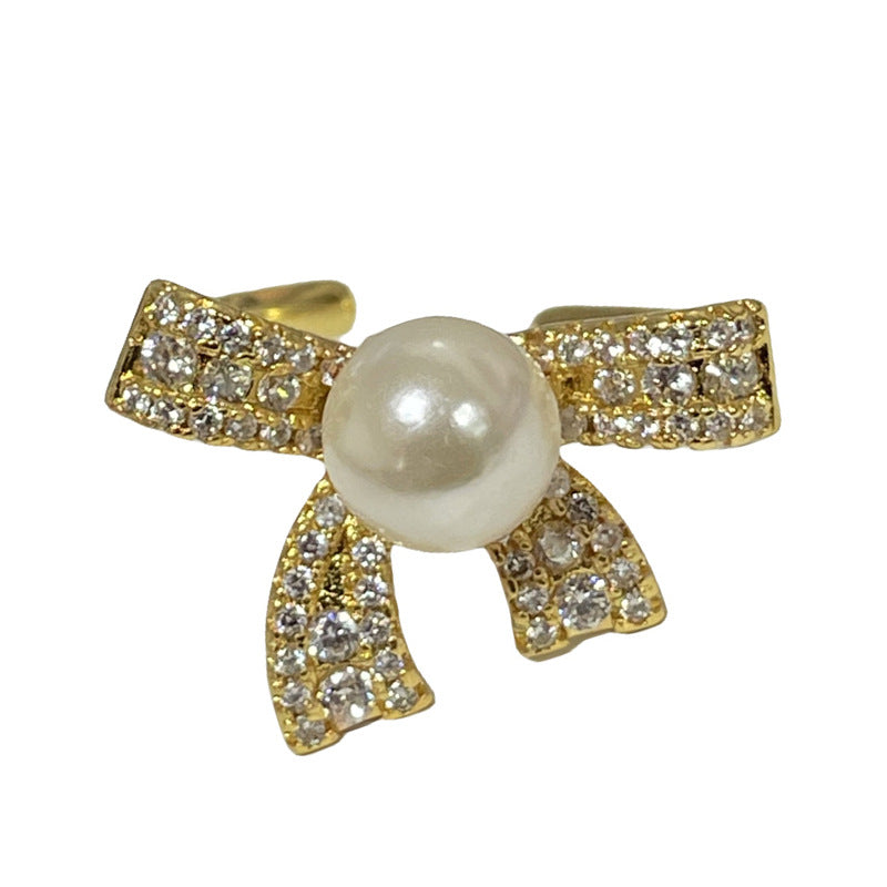 Sweet Cool Bow Open-end Pearl Female Korean Rabbit Rings