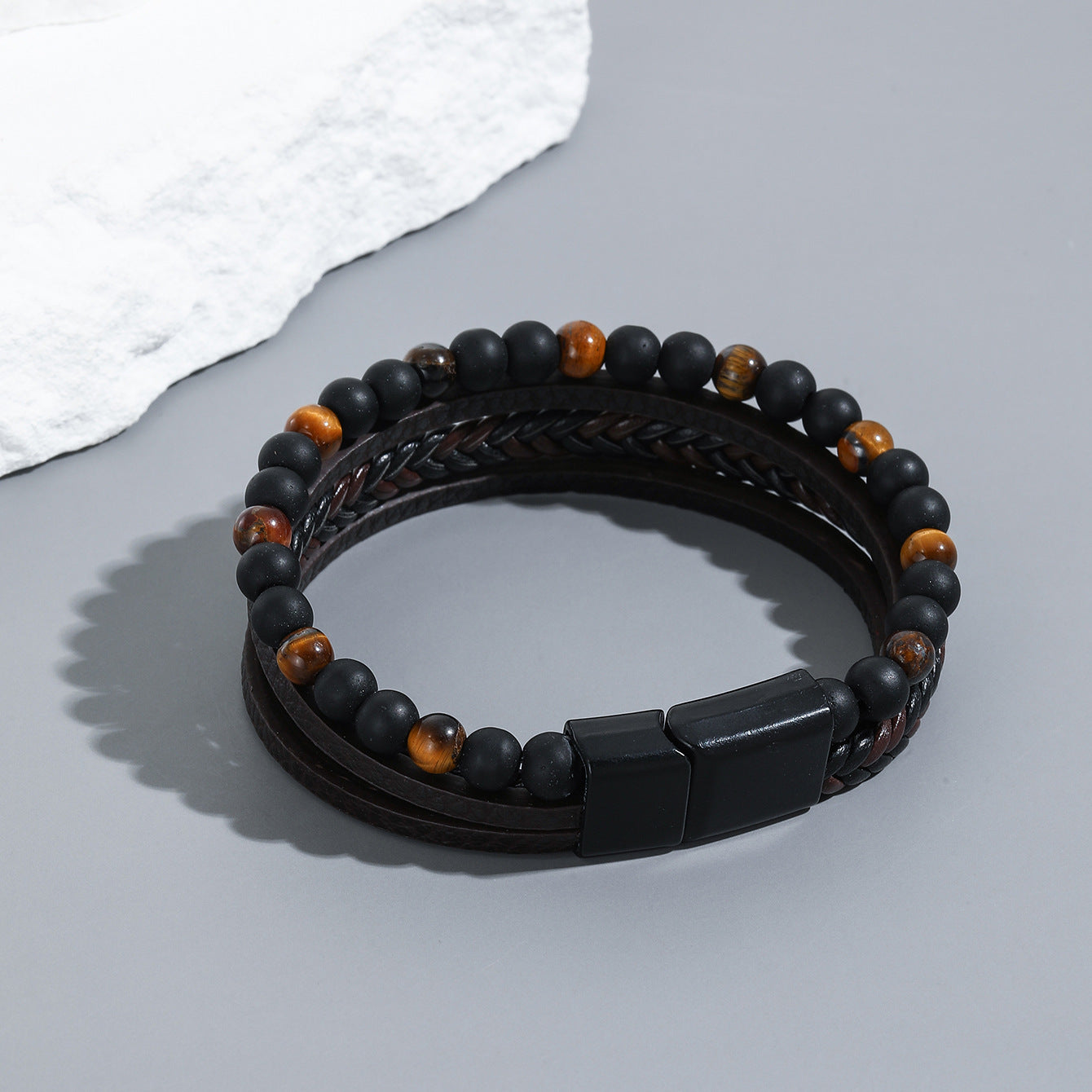 Men's Handmade Weaving Natural Obsidian Beaded Bracelets