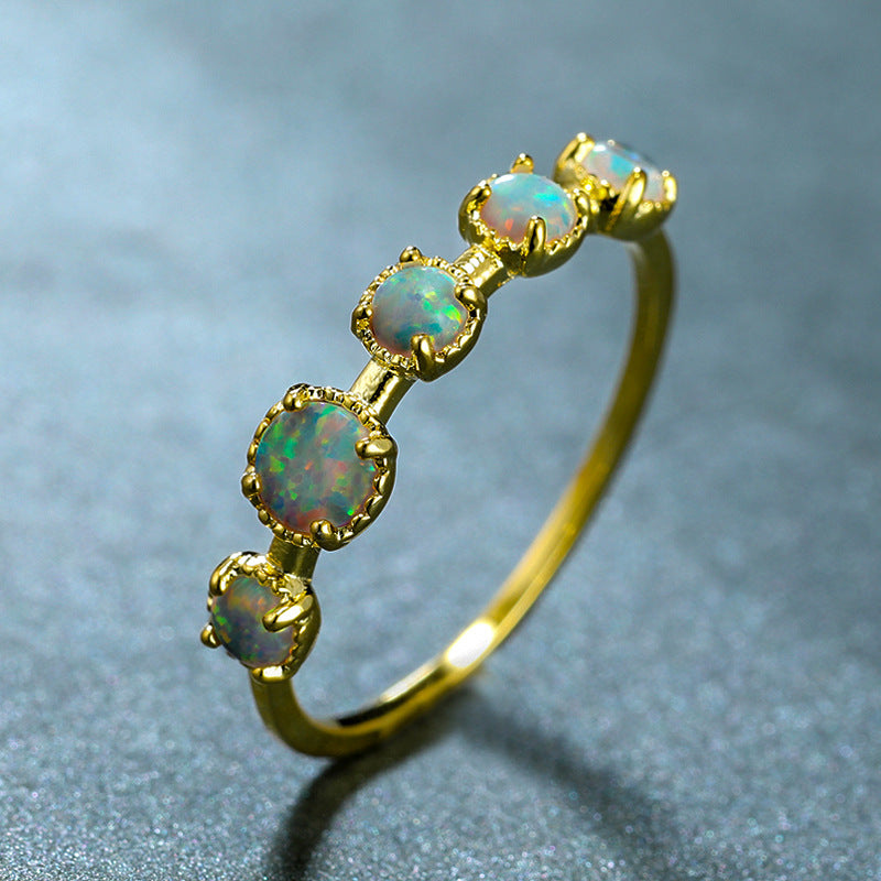 Golden Five Round Opal Female Simple Ring