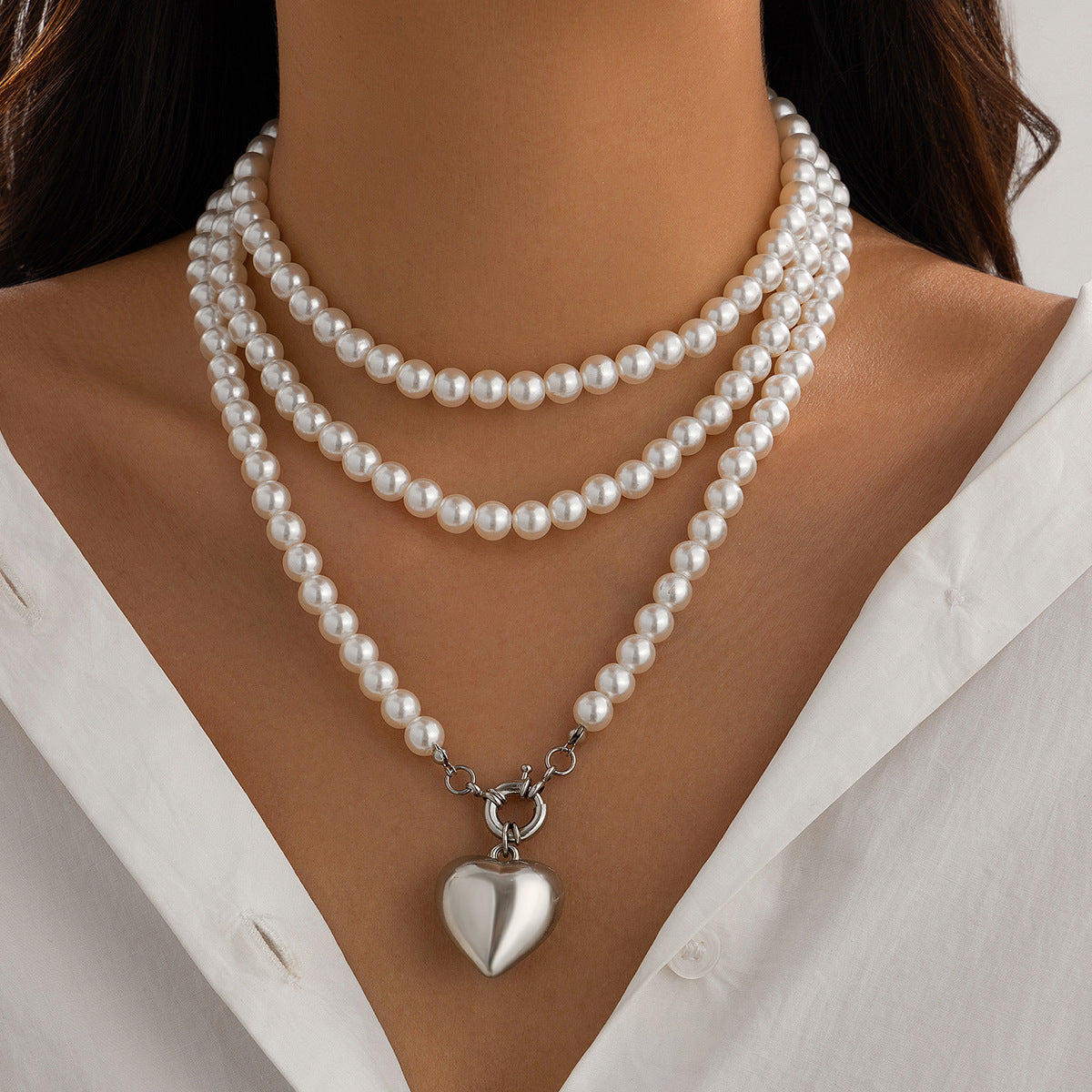 Metal Heart Imitation Pearl Fashion Winding Beaded Necklaces