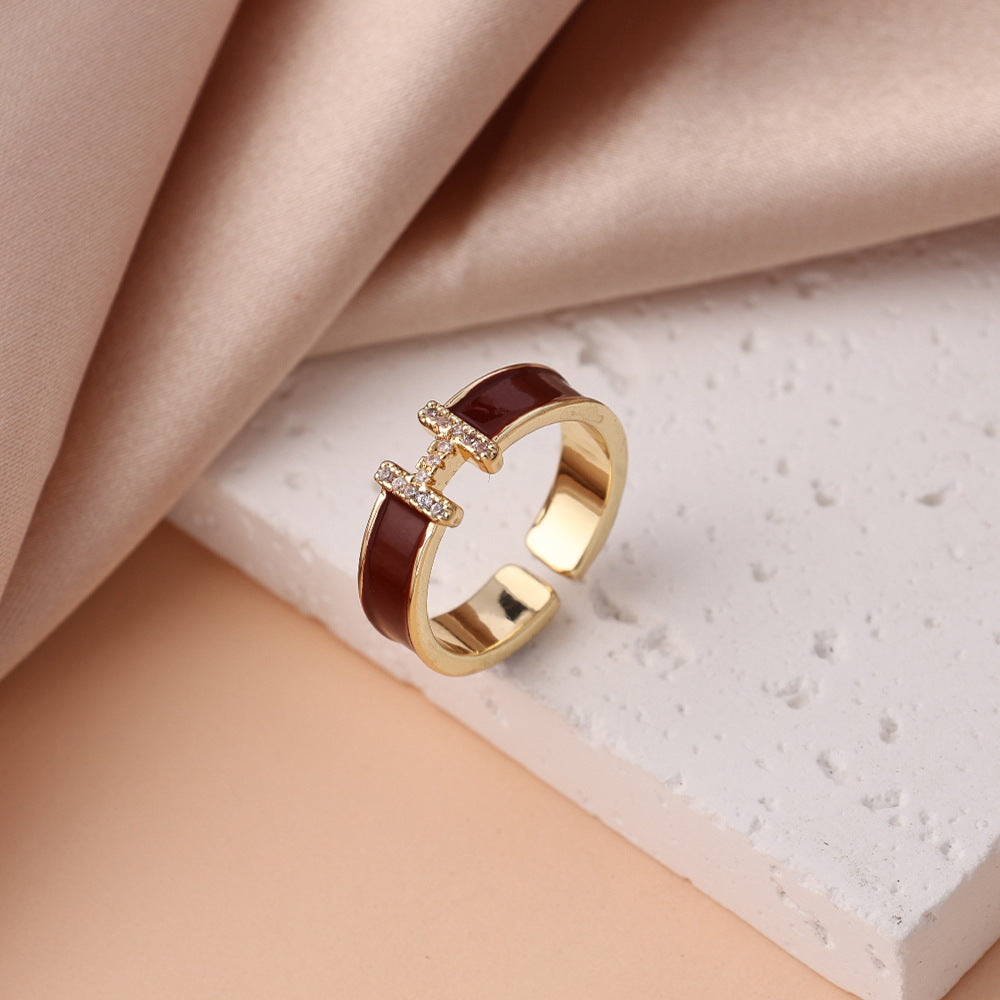 Women's Enamel Oil Dripping Craft Zircon White Cinnamon Milk Tea Brown Ring
