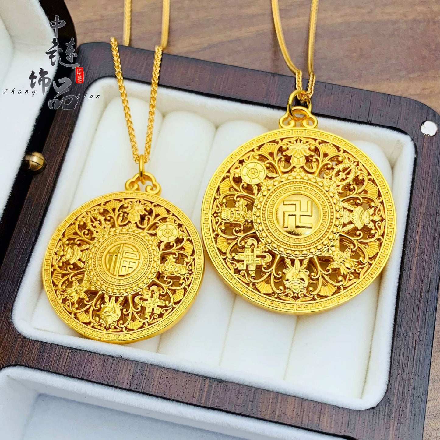 Alluvial Gold Fu Eight Treasures Compass Pendants