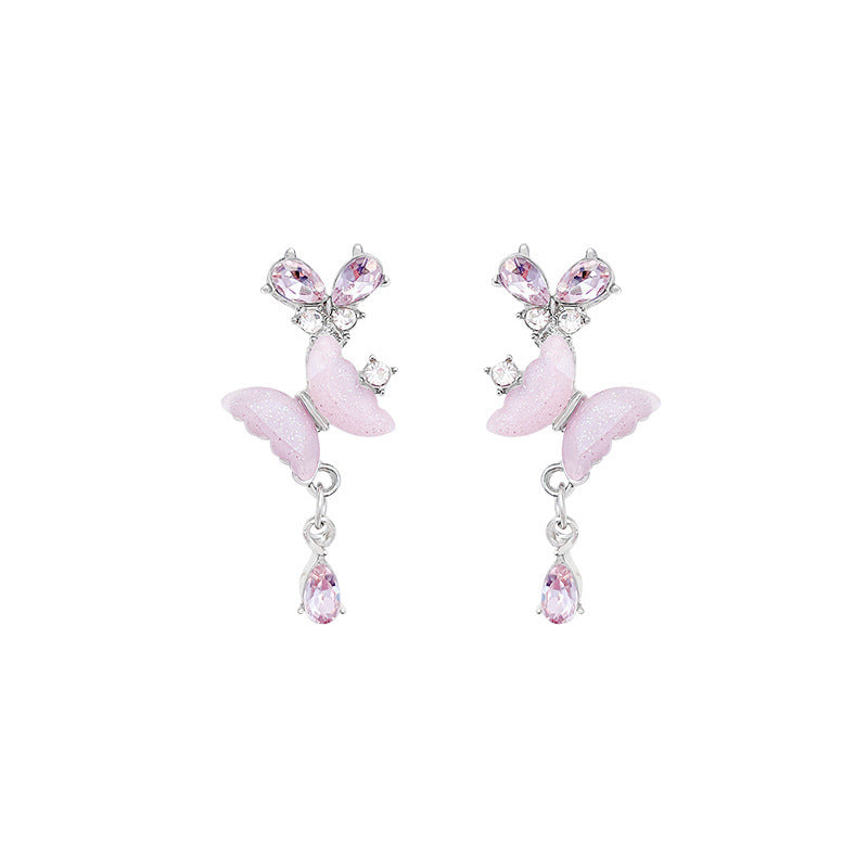 Women's Pink Crystal Butterfly Sier Needle Light Luxury Earrings