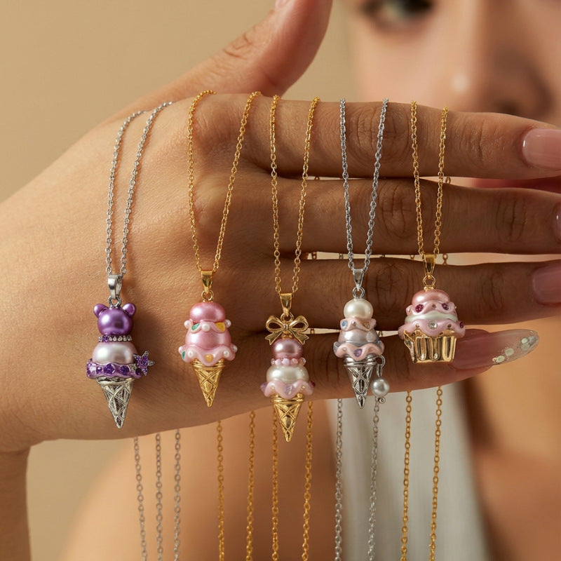 Pearl Ice Cream Bear Head Cupcake Bow Pendants